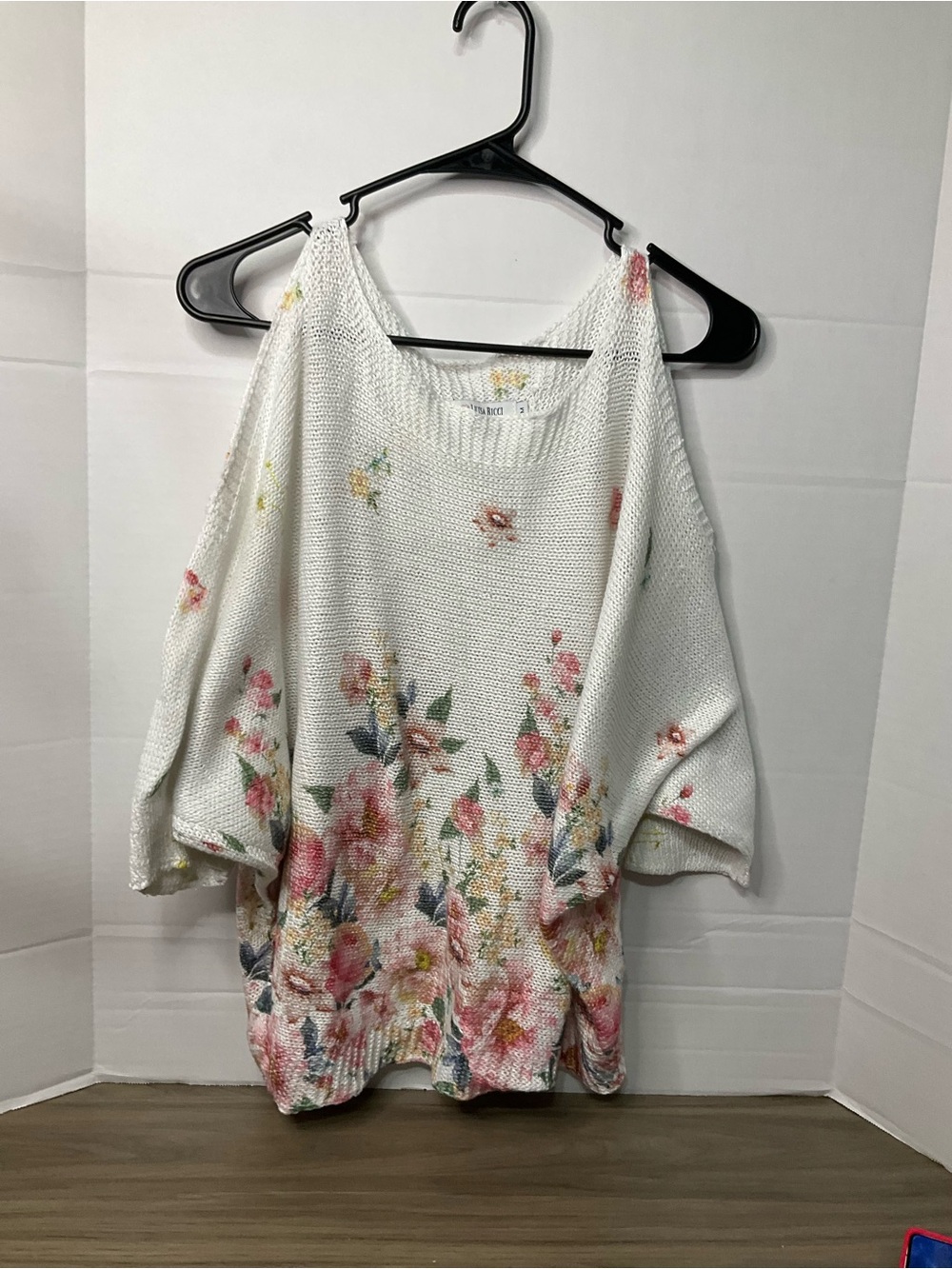 Luisa Ricci Off-the-Shoulder White Floral Knit Sweater, Made in Italy